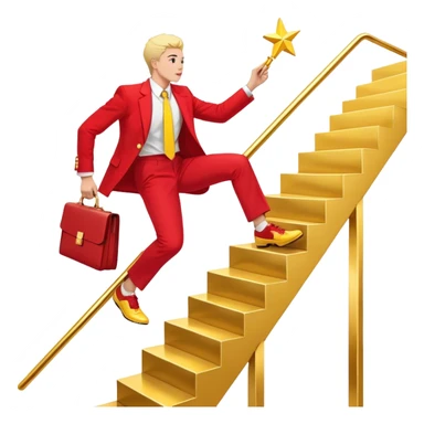 "A professional human figure dressed in a red and yellow business suit, confidently climbing a staircase made of progress bars or career-related icons. The figure’s outfit consists of a red blazer with yellow accents, red trousers or a skirt, and polished yellow shoes. A bright upward arrow (📈) is beside them, symbolizing growth and success. The person carries a red briefcase (💼) with golden details in one hand, while the other hand reaches toward a shining gold star (🌟), representing ambition and achievement. The background is plain white, with a clean, modern business-themed design. sticker