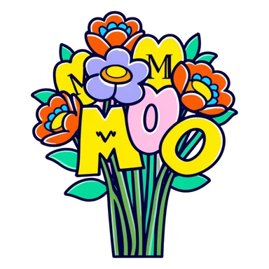 Mother's Day sticker, bouquet of flowers with 'Mom' text, colorful, cartoon style sticker