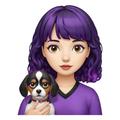 Girl with black curly hair with purple roots and blunt bangs holding a beagle sticker