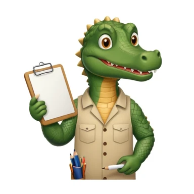 A gator with a clipboard and a pencil, offwhite background sticker