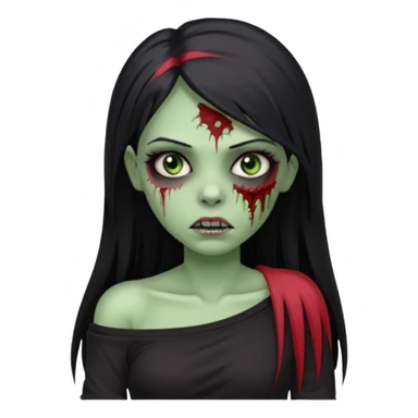 Garota zumbi com cabelo todo preto liso longo e mechas vermelhas na lateral da cabeça dos dois lados, usando uma blusa com um lado da manga caida preta  sticker