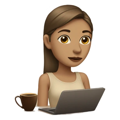 Half face of a girl at the laptop. A a cup of coffee on the left side of the table. Books on the right side. in beige tones sticker
