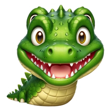 Cinematic Realistic Cute Crocodile Portrait Emoji, Head tilted playfully and inquisitively, featuring a robust, well-defined build with intricately detailed, glossy olive-green scales and a surprisingly endearing face with round, sparkling eyes full of unexpected charm, rendered with lifelike texture and natural highlights, high shine, affectionate and spirited, styled with a touch of wild whimsy, soft glowing outline, capturing the essence of a mischievous yet lovable crocodile that seems poised to snap playfully out of the screen into your arms! sticker