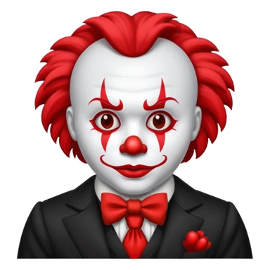 Crea un payaso que tenga toda la cara absolutamente toda la cara blanca, junto con la parte del pelo que sea blanco, pero que no tenga pelo con unos cuernos negros y que tengo un traje de payaso negro con rojo sticker