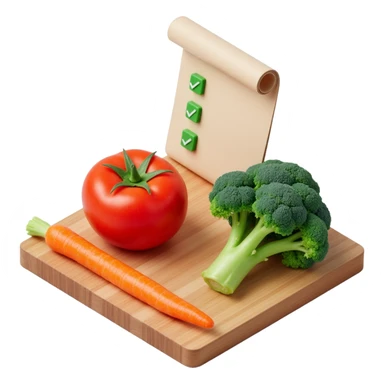 carrot tomato brocoli on the wooden cutting board with floating rolled paper list with green checkboxes sticker