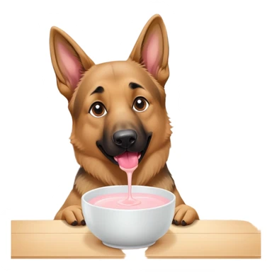 A German shepherd drinking yogurt out of a bowl in side of a house sticker