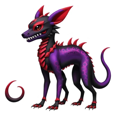 Gothic Black red purple Scaley Exotic Salandit-Umbreon-Noibat-Houndoom-Fakémon-hybrid-creature (full body), 4 legs, skull face mask sticker