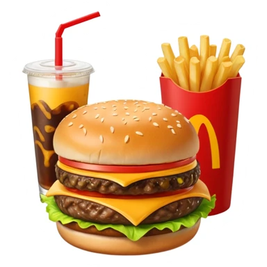 i want a Cheeseburger and Fries with a angle to 15–20° gentle bird’s-eye angle with a cold drink with ice cube with straw with some fries thicker like McDonald's french fries sticker