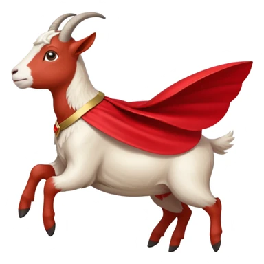 side view of white female goat wearing a read cape like superman sticker