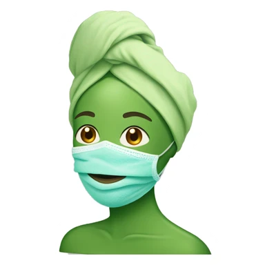 A woman with a wrapped towel on her head, green face mask, and cucumbers on her eyes  sticker