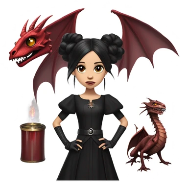 surprised Lavish Victorian black evening gown with gloves, Jenna Ortega as Addams girl Jedi wearing a steampunk mini tiara, very large blood red evil-looking horned dragon sticker