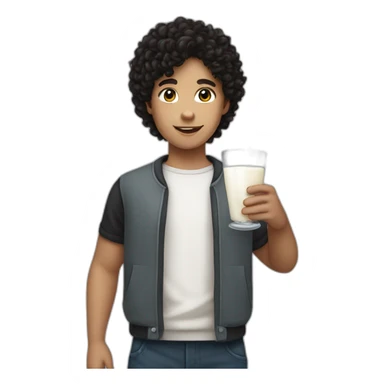 A pasty white teenage boy with dark black curly hair holding a wineglass of milk sticker