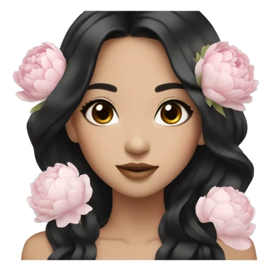 Beautiful Asian with long black hair and with white and pink peonies bouquet in hand  sticker