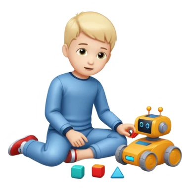 Little boy playing with toy robot on the floor sticker