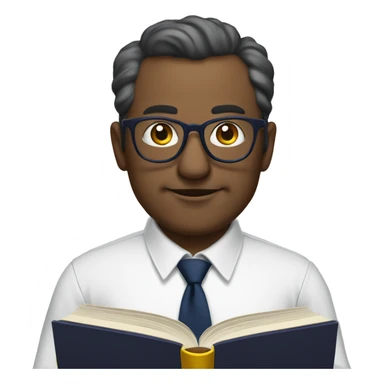 A mid aged man with specs white shirt and  navy blue tie reading a  book in hand sticker