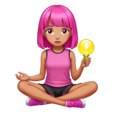 tanned girl with hot pink hair with blunt bangs sitting on the ground with a glowing object in her hand sticker