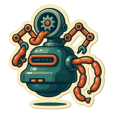 sausage-processing droid. retro-futuristic style. top is a large circular industrial grinder rotating gears and blades. Two robotic arms feed material into grinder. Sausage links extrude from the rear like  factory. The body is metallic, compact, and floats above the ground.no legs. Dark humor sticker
