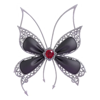 gothic bow, black satin, silver filigree, deep red gemstone, dramatic and ornate sticker