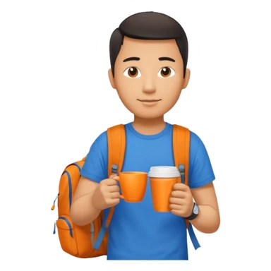 an asian man in blue t-shirt with orange cup of coffee and backpack on the back. Eiffel tower on the background. shoulder length picture sticker