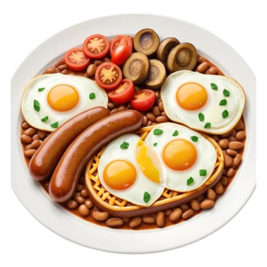English Breakfast Cinematic Realistic English Breakfast Dish Emoji, depicted as a hearty plate featuring 2 sizzling sausages, a central serving of baked beans, 2 perfectly fried eggs, 2 sliced grilled tomatoes, 2 grilled mushrooms, and a triangle-shaped hash brown, rendered with vivid textures and warm, inviting lighting. sticker