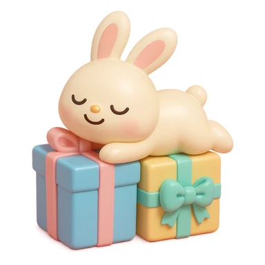 bunny lying on birthday gifts, sleepy and happy smile eyes, vinyl figure style sticker