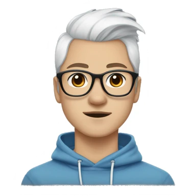 A young guy long white hair pulled back into a ponytail and white skin and black-framed glasses and nose piercing wearing blue hoodie and a Shiba Inu dog next to him sticker