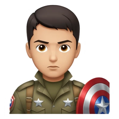 A young, confident Latino actor with short, dark hair, dressed in a modern military-style outfit. He has a determined expression on his face, with the Captain America shield subtly reflected in his eyes. The scene takes place in a gritty urban environment with a touch of superhero flair. sticker