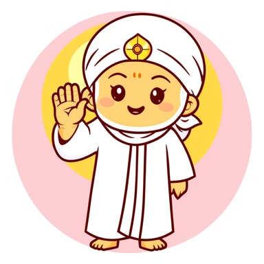 Sai Baba of Shirdi in emoji format, peaceful expression, white robe and headscarf, golden halo, round face, minimal and symbolic, right hand raised in blessing with two fingers up, pastel background, clean vector, glowing eyes, spiritual, sticker style sticker