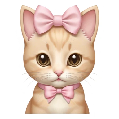 a very small beige kitten with a slightly white muzzle and a large light pink bow on its head, a purebred kitten with a large head sticker