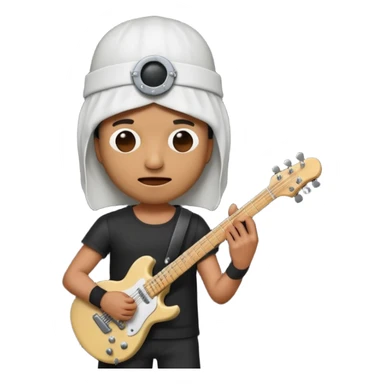A quirky emoji-style character of a guitarist wearing a white bucket on his head, with two eye holes, a blank expression, and a small theatrical mask on the bucket. He’s holding an electric guitar, dressed in a simple black outfit, giving off a mysterious but playful rock legend vibe. sticker
