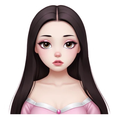 girl with white skin, dark brown long realistic straight hair with middle part prominently falling in front of her body over her shoulders, very big pouty extra shiny lips with absolutely no cupid's bow, big round shiny eyes with black eyeballs and huge eyelashes, no eyeshadow, pink blush on cheeks, lighter button nose, very long oval-shaped face, wearing a pink off-shoulder top, looking directly at camera with hands down at sides sticker