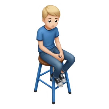 Generate a photorealistic image of a boy sitting on a stool. The scene is captured from a top-down perspective (bird's-eye view), looking directly down from above his head towards his feet. The background should be simple and clean. sticker