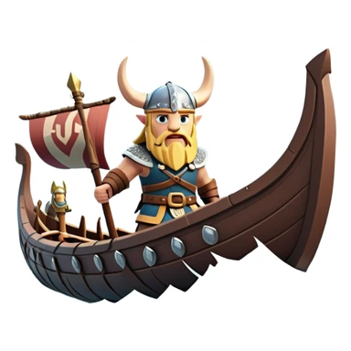 clash-of-clans-aesthetic_-cinematic-viking-longboat, rendered in a flat, bold vector style with minimal shading, featuring a striking dragon-headed prow slicing through icy, churning waters. shields on the side and vikings rowing The longboat’s intricately detailed shields and carved motifs evoke a sense of epic adventure and Nordic might, with billowing sails catching a dramatic, stormy sky backdrop. sticker