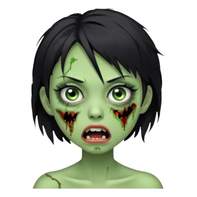 Green zombie girl with messy black short hair with lashes and torn cheek and open mouth  sticker