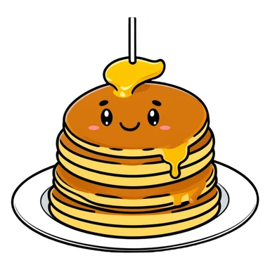 adorable pancakes with butter on top and maple syrup dripping down, smiling face sticker