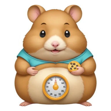 fat hamster holding pregnant belly smiling holding a tiny food scale sticker