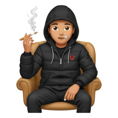 A man sitting on a chair, wearing a black puffed coat with hood, hands in his pocket, smoking a cigaret, he is on a chair i sticker
