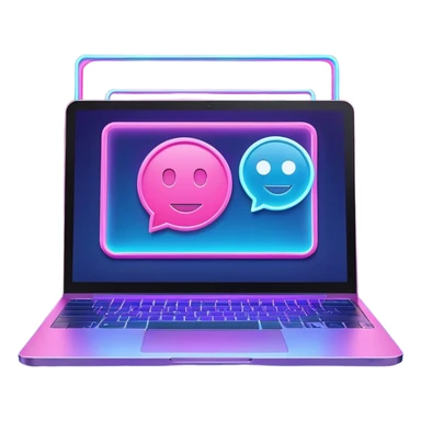 laptop computer with video chat displayed on screen, pink and light blue colors, with neon glow lines, blue neon light on top left, purple neon light on bottom right sticker