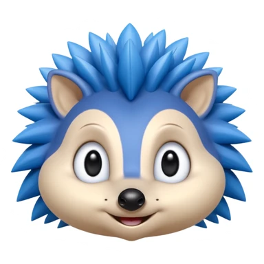 blue hedgehog emoji with long forward-facing quill spikes, smooth rounded face, large oval eyes with black pupils, small black nose, thin confident smile, 3D Apple emoji style, 1:1, clean shading, cute but energetic expression
 sticker