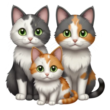 3 different coloured small cats including a dark grey and white, and a patchy calico with hazel eyes and a completely solid dark grey with green eyes and only white paws sticker