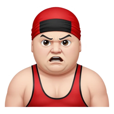 Close-up of white skin fat guy with prominent black durag, completely shaved face, no beard or mustache, black eyes in a red and black wrestling singlet with angry face sticker