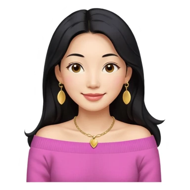 South Korean girl in her mid-thirties with long black hair with a middle part. She is wearing a pink, off the shoulder long sleeve knit sweater, extra small gold earrings and a gold necklace. She has brown eyes with narrow, mono lid shape and smiling with lips together sticker