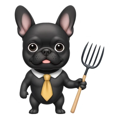 Black French bulldog holding a pitchfork sticker