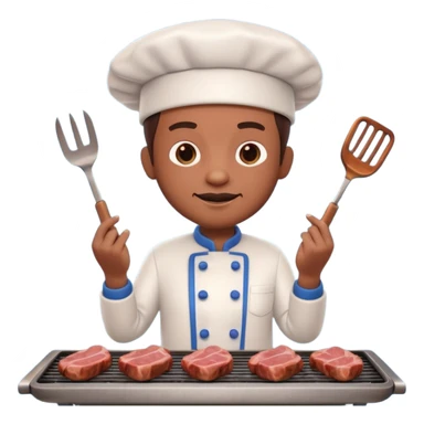 A 3D cartoon cook flipping meat on a grill with tongs, gentle smoke effect, Memoji-style lighting. sticker