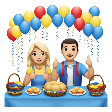 party table decorated with red blue and yellow colors, including a backdrops, balloons arch, streamers and more. On the table are intricate displays of colombian arepas, and baskets of money. In the forefront is a woman and man in simple clothing, big smiles and big thumbs up sticker
