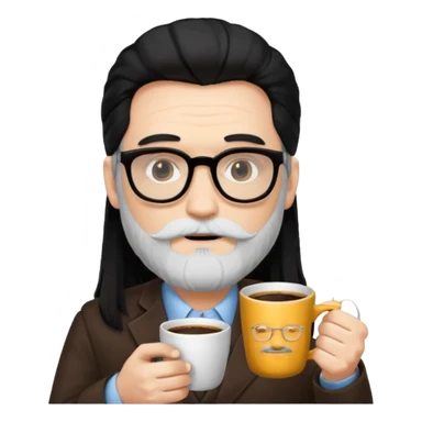 men with white bearded long black hair  with opticals  on holding coffee sticker