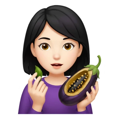 girl black hair eating a black hairy eggplant sticker