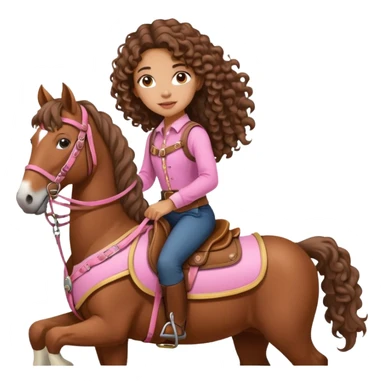 Realistic mixed race girl with long curly hair, riding a big draft horse, wearing pink harness and saddle  sticker