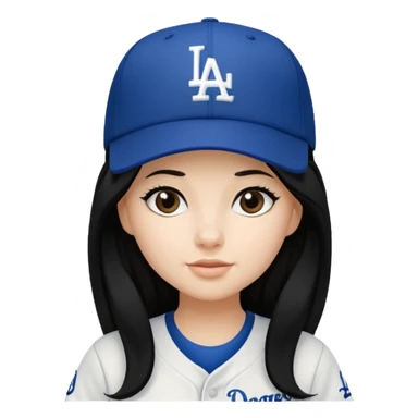 Can you make an emoji of a girl with fair skin with black long hair wearing an LA dodger hat sticker