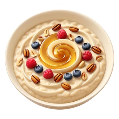 Cinematic creamy oatmeal, smooth texture with a swirl of honey on top, garnished with fresh berries and nuts, warm and comforting, cozy golden tones, rich and delicious. sticker